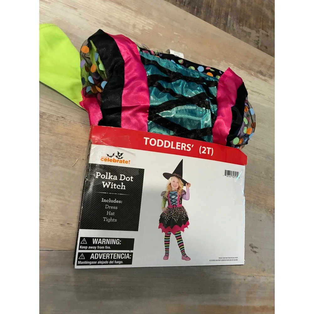 Way To Celebrate Polka Dot Witch Costume Toddler 2T Dress Hat Tights 3pc Set